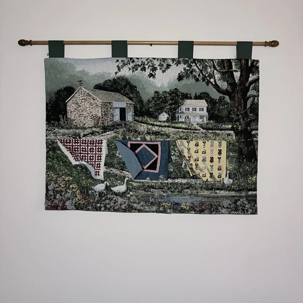 Vtg Tapestry Wall Hanging French Farmhouse Quilt Scene Geese Cottage Core /rod